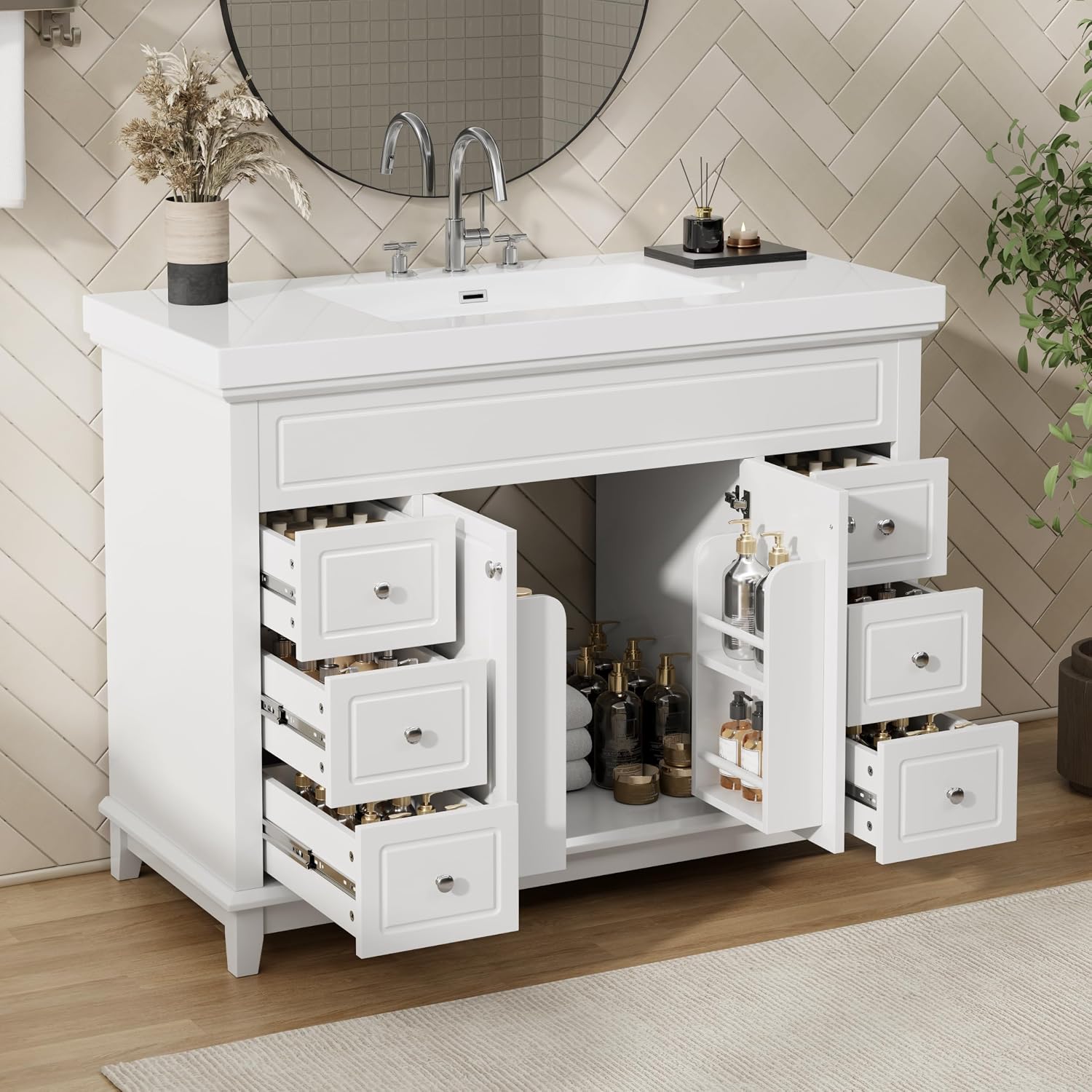 48' Bathroom Vanities Cabinet with Sink Top, Soft-Closing 6 Drawers and 2 Doors, Solid Wood Frame, White