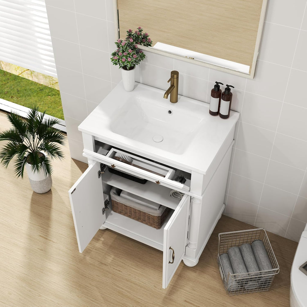 28 inch Bathroom Vanity with Sink, Modern Freestanding Bathroom Vanity Cabinet with Ceramic Sink, Flip Top Drawer, 2 Soft Closing Doors, Adjustable Shelf, Metal Handles, Round Column Base, White