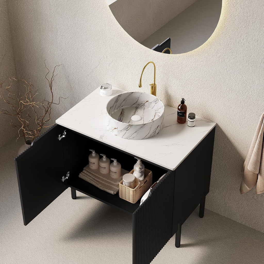 30' Black Bathroom Vanity with Round Ceramic Sink Freestanding Bathroom Vanities with 2 Fluted Doors and Sintered Stone Counter Top,Modern Wooden Bathroom Storage Cabinet Set with Soft Close System