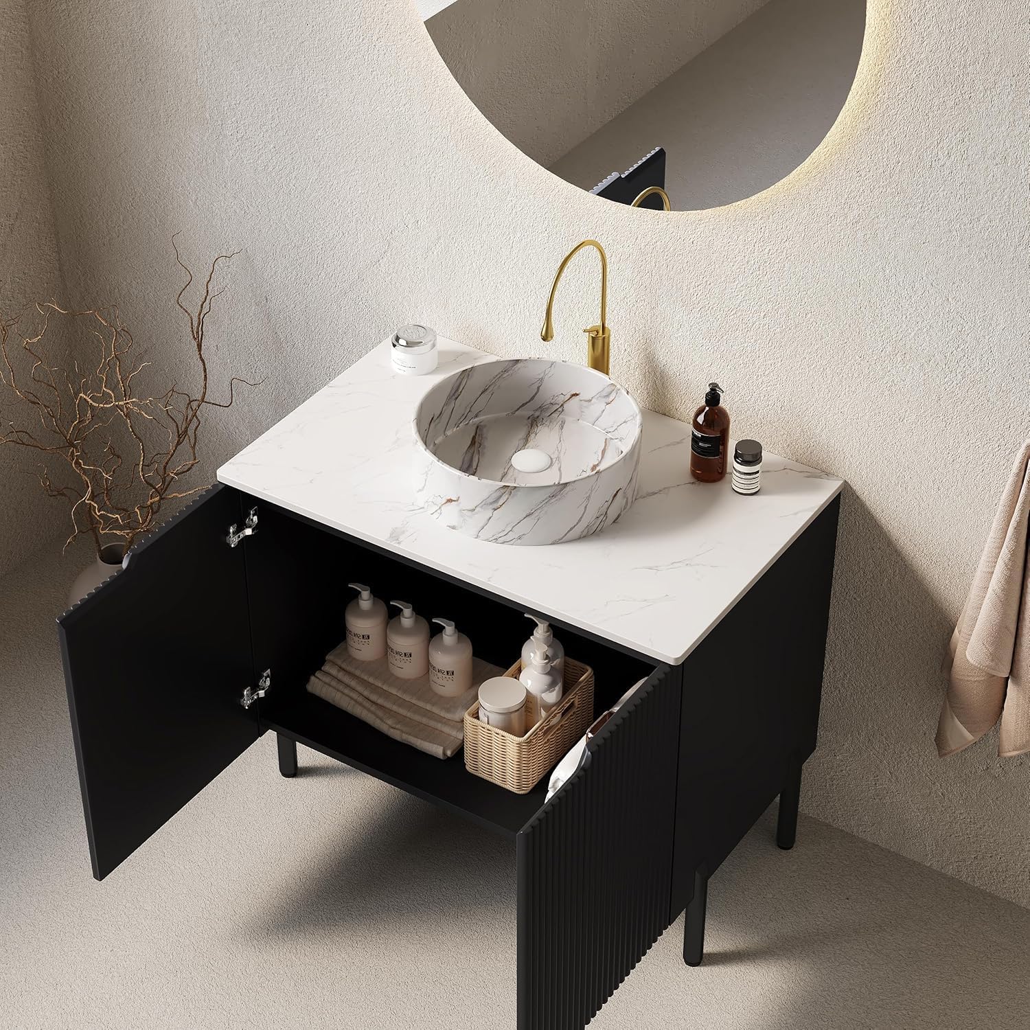 30' Black Bathroom Vanity with Round Ceramic Sink Freestanding Bathroom Vanities with 2 Fluted Doors and Sintered Stone Counter Top,Modern Wooden Bathroom Storage Cabinet Set with Soft Close System