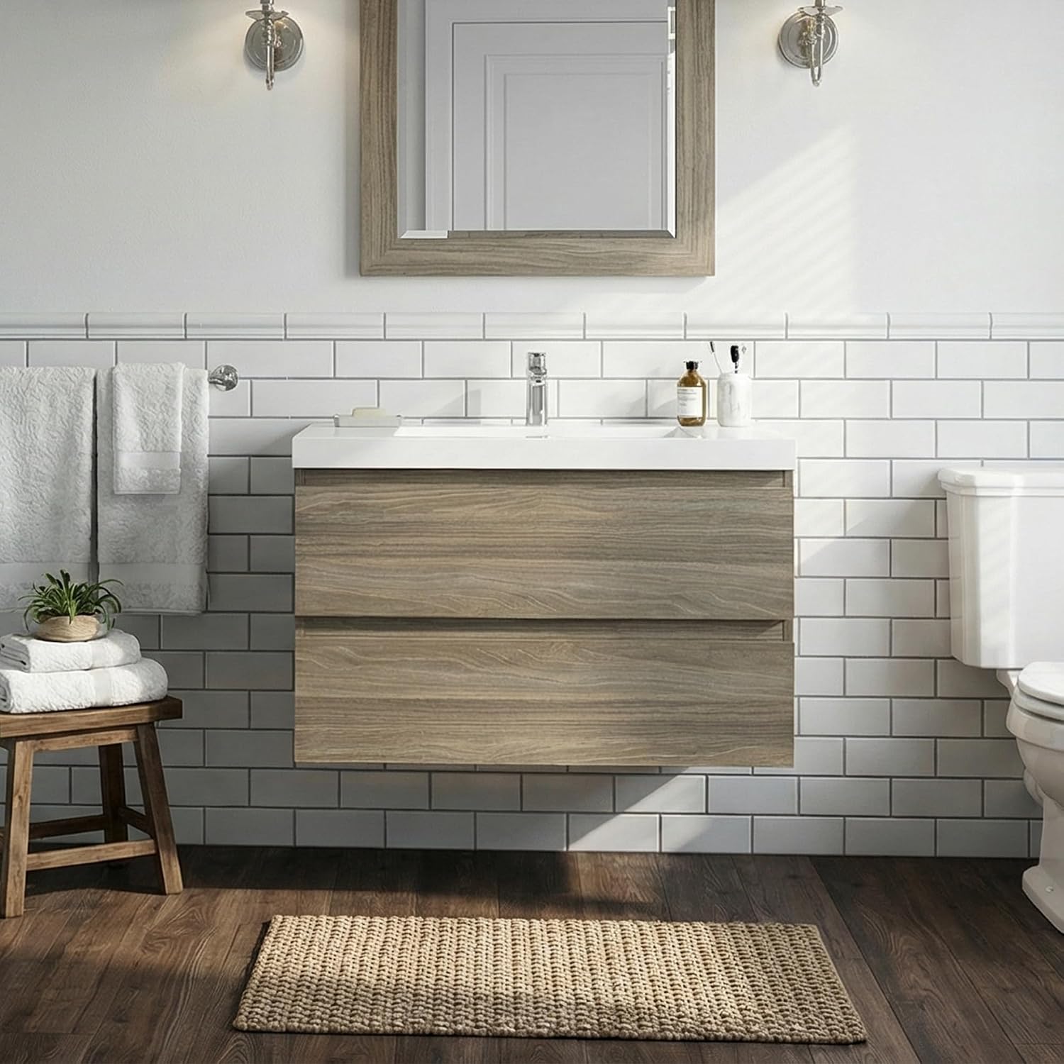Neftis 36-Inch Floating Vanity with Sink, Pre-Assembled Modern Bathroom Vanity Sink Combo with Storage, Soft-Closing Drawers, One-piece Countertop White Resin Sink, Ash Grey Vanity for Bathroom
