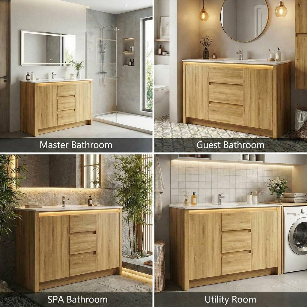 ONBRILL Modern Bathroom Vanity with Sink, Mid-Century Bath Vanities with Light & Integrated Resin Basin, 47.2' Large Single Sink Cabinet with Soft Closing Door & 3 Drawers for Master Bathroom, Hotel