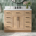 DKB Isabella 42-Inch Oak Single Bathroom Vanity with Sink, 1.5-Inch Carrara White Quartz Countertop & Backsplash, Matte Black Hardware, 2 Soft Closing Doors, 9 Drawers