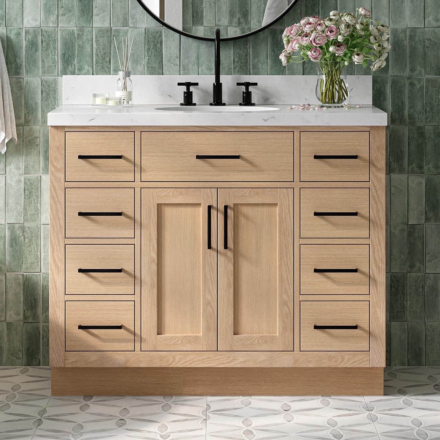DKB Isabella 42-Inch Oak Single Bathroom Vanity with Sink, 1.5-Inch Carrara White Quartz Countertop & Backsplash, Matte Black Hardware, 2 Soft Closing Doors, 9 Drawers