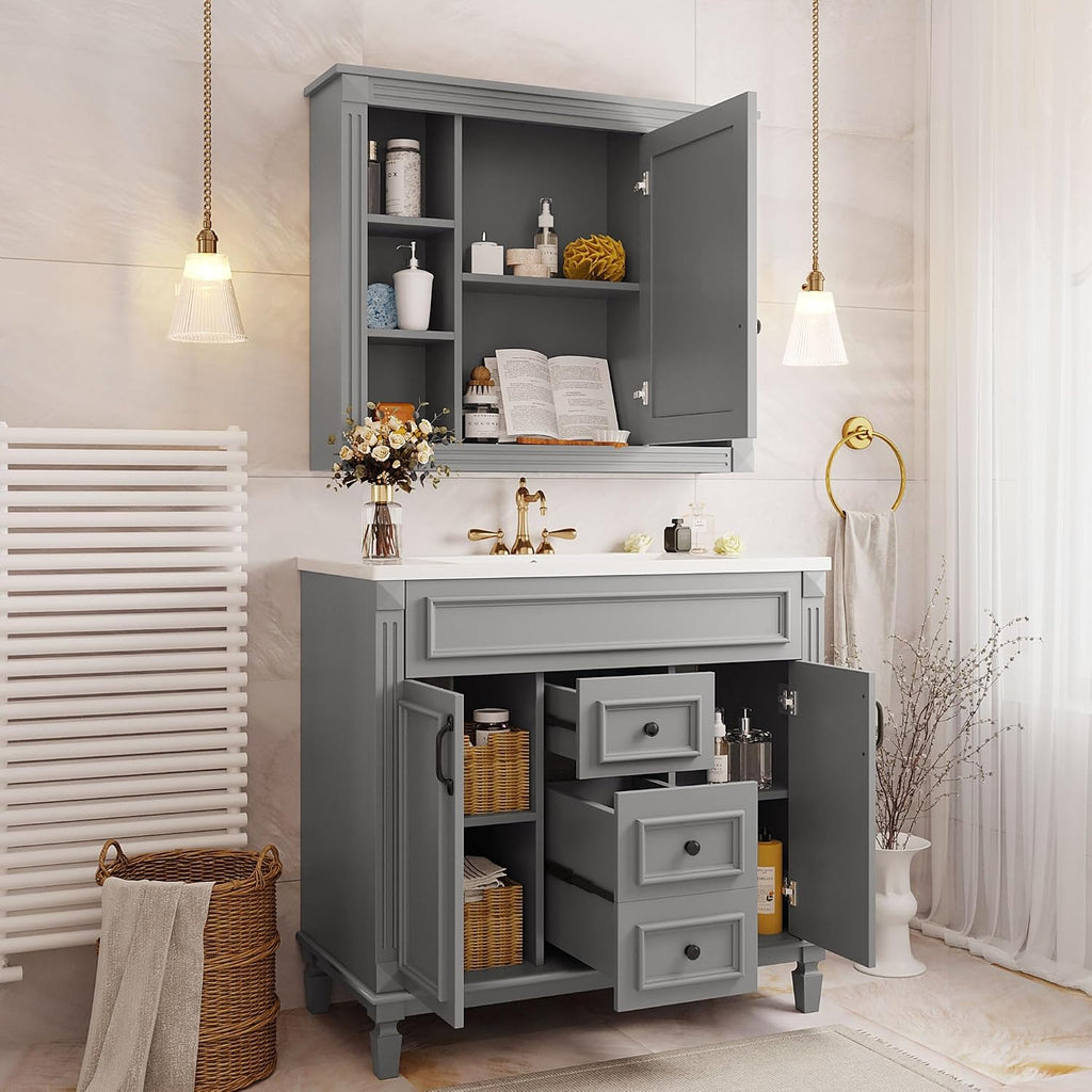 Merax 36' Bathroom Vanities with Matching Medicine Cabinet & Single Sink, Modern Undermount Bathroom Sink Cabinet with 3 Closing Doors & 2 Full Extension Dovetail Drawers