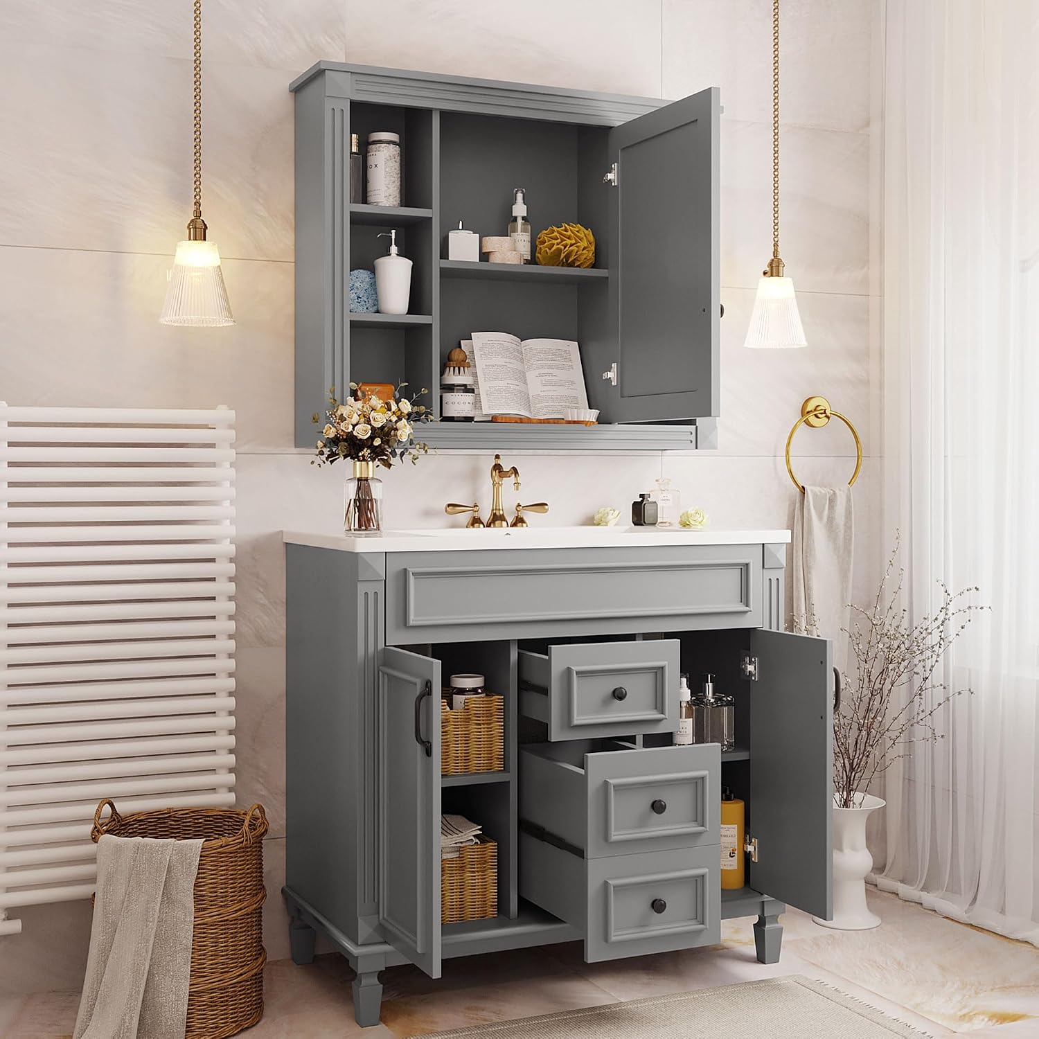 Merax 36' Bathroom Vanities with Matching Medicine Cabinet & Single Sink, Modern Undermount Bathroom Sink Cabinet with 3 Closing Doors & 2 Full Extension Dovetail Drawers