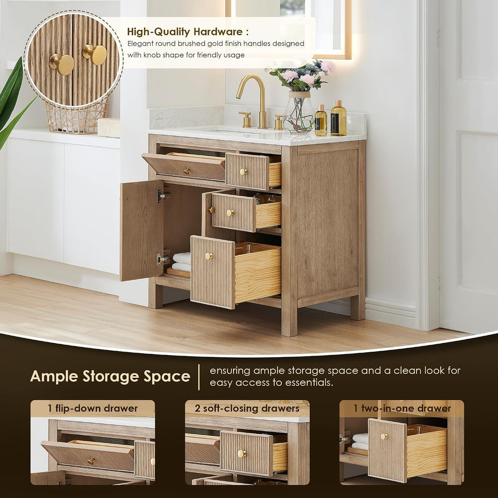 Cerrito 36' Wood Vanity in Nature Oak Engineered Stone Top no Mirror