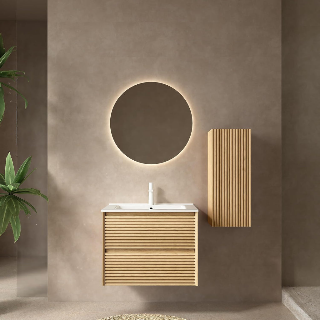 12' Wall-Mounted Floating Striped Bathroom Vanity Side Cabinet with a Door and a Shelf, (Suitable for Sedona Bathroom Vanity), Light Oak
