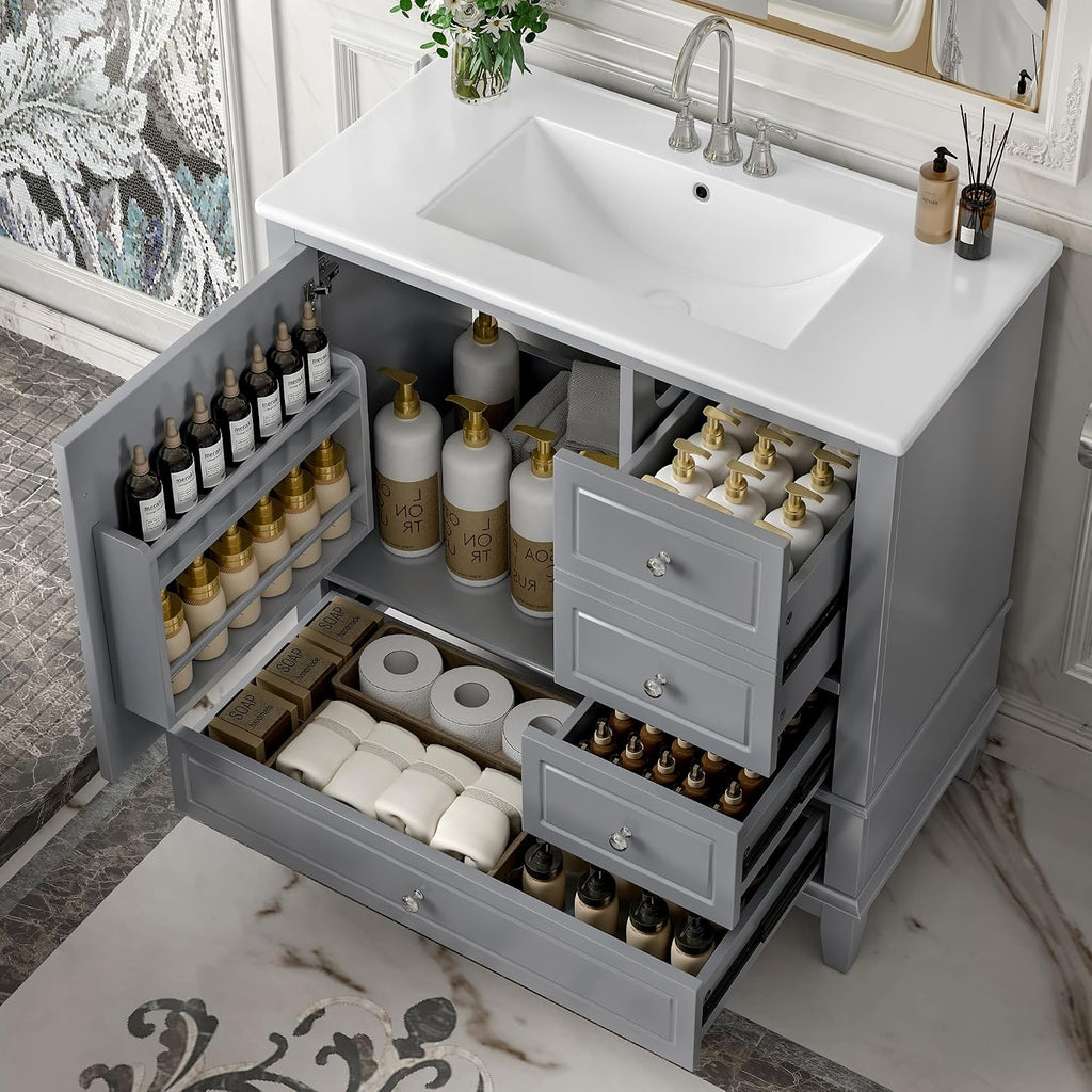 36' Modern Freestanding Bathroom Vanity with Ceramic Sink Top, 3 Drawers & Storage Shelves - MDF & Solid Wood Base
