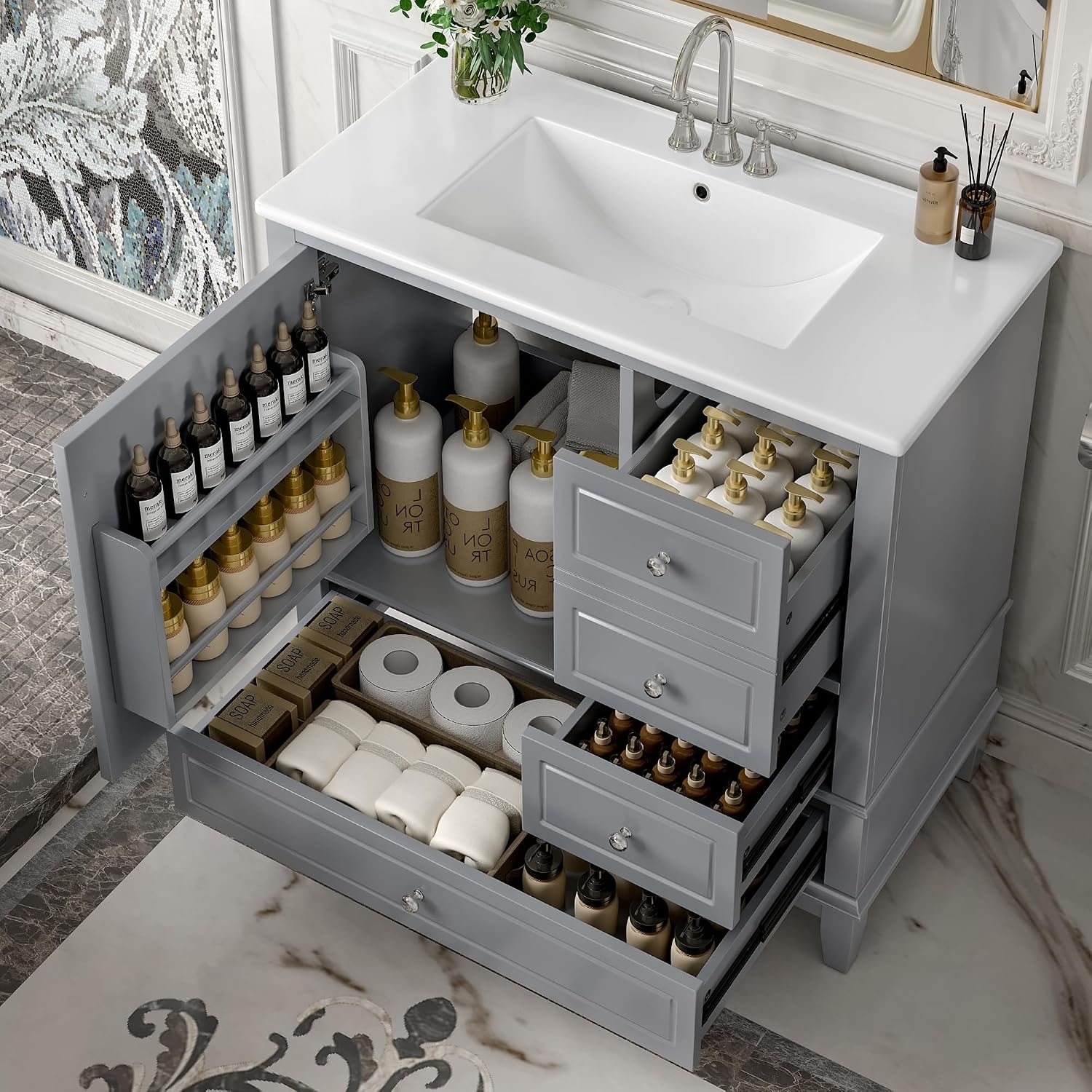 36' Modern Freestanding Bathroom Vanity with Ceramic Sink Top, 3 Drawers & Storage Shelves - MDF & Solid Wood Base