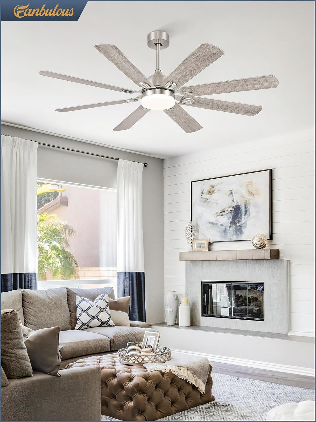 Fanbulous 62 Inch Ceiling Fans with Lights,Nickel Modern Ceiling Fan with Remote Large Farmhouse Indoor & Outdoor Ceiling Fan with 8 Dual Finish Blades, Quiet DC Motor, Bright LED Light