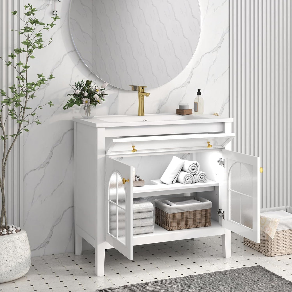 36 inch Bathroom Vanity with Sink Combo, Mid Century Modern Freestanding Bathroom Cabinet with Integrated Ceramic Sink, Flip Top Drawer, Flower Patterned Glass Doors, Adjustable Shelves, White