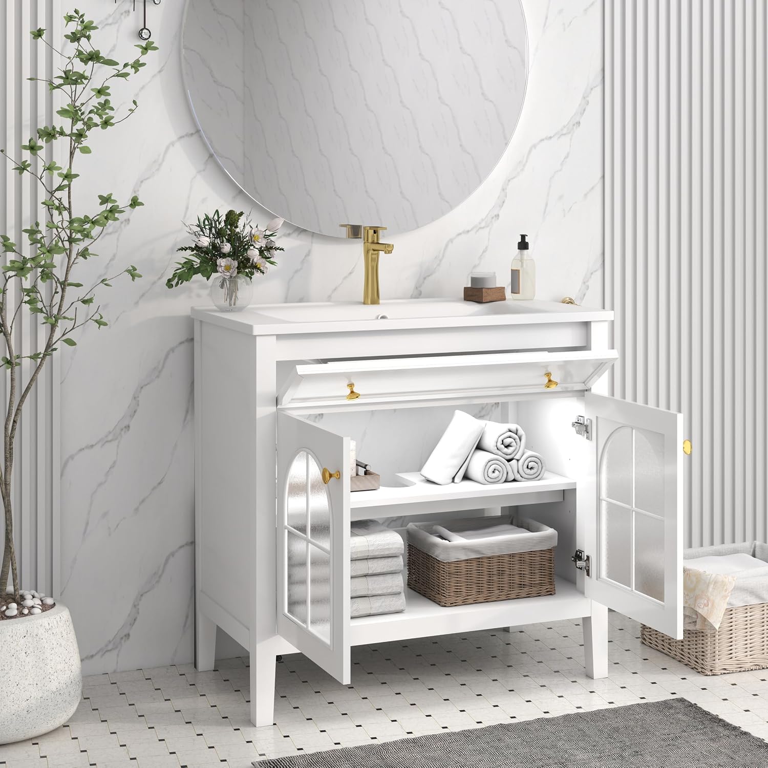 36 inch Bathroom Vanity with Sink Combo, Mid Century Modern Freestanding Bathroom Cabinet with Integrated Ceramic Sink, Flip Top Drawer, Flower Patterned Glass Doors, Adjustable Shelves, White