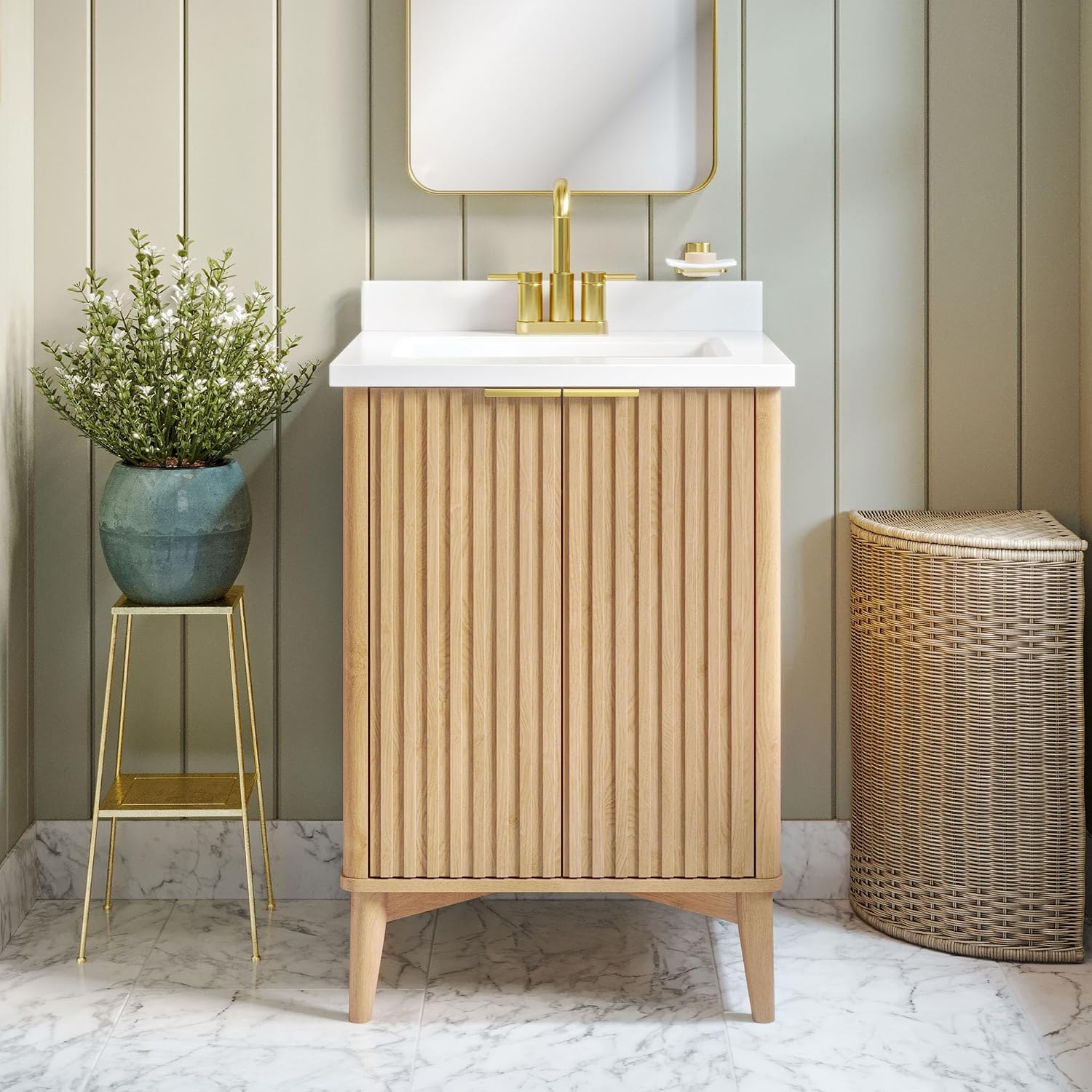 OVE Decors Indy 24 in. Undermount Single Sink Bathroom Vanity with White Engineered Marble Top, Rustic Ash