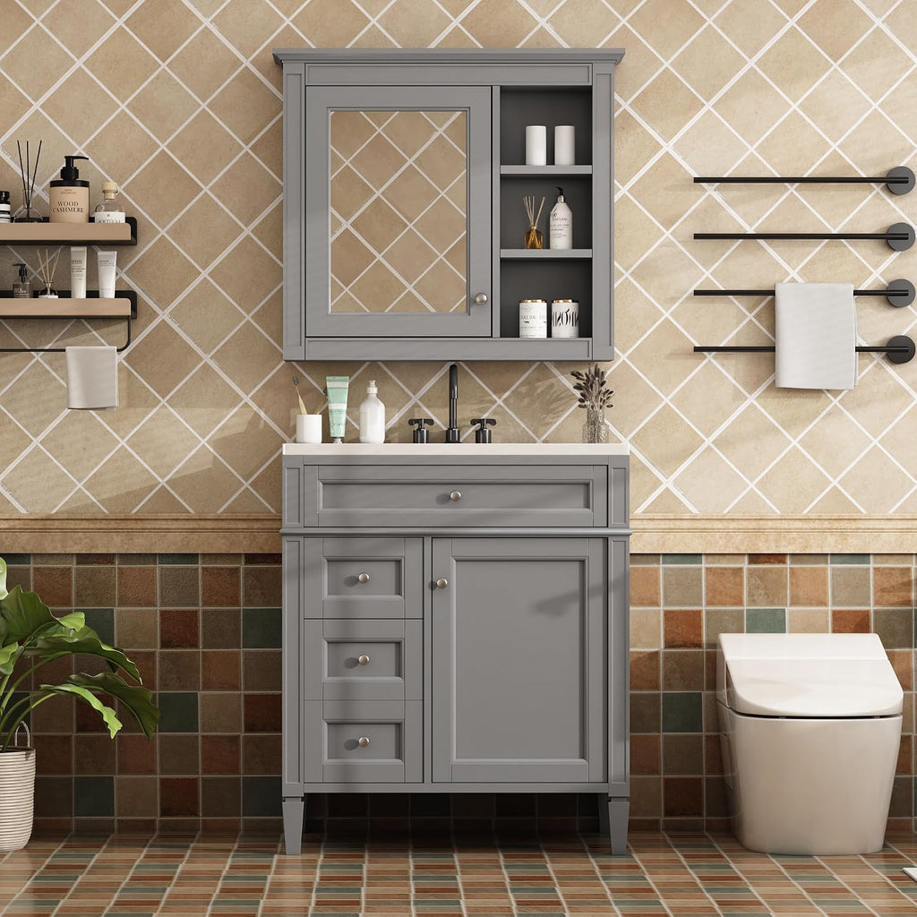 Merax 30' Bathroom Sink Vanity with Matching Medicine Cabinet Combo, Modern Bathroom Storage Cabinet, Freestanding Solid Wood Frame