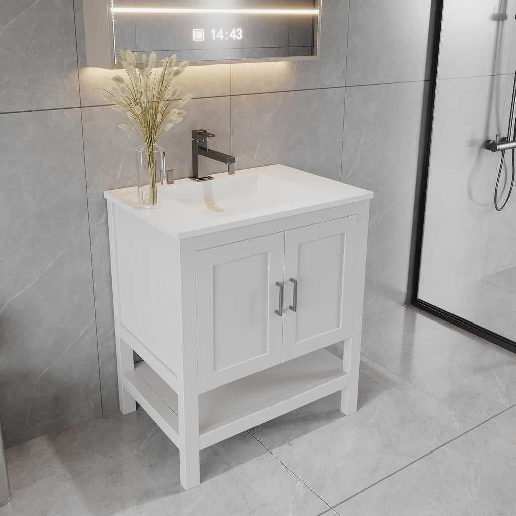 36' Bathroom Vanity with Sink – Freestanding Solid Wood Cabinet with Open Shelf, Soft-Close Doors, Matte White Resin Integrated Top (37' Top Included, White)