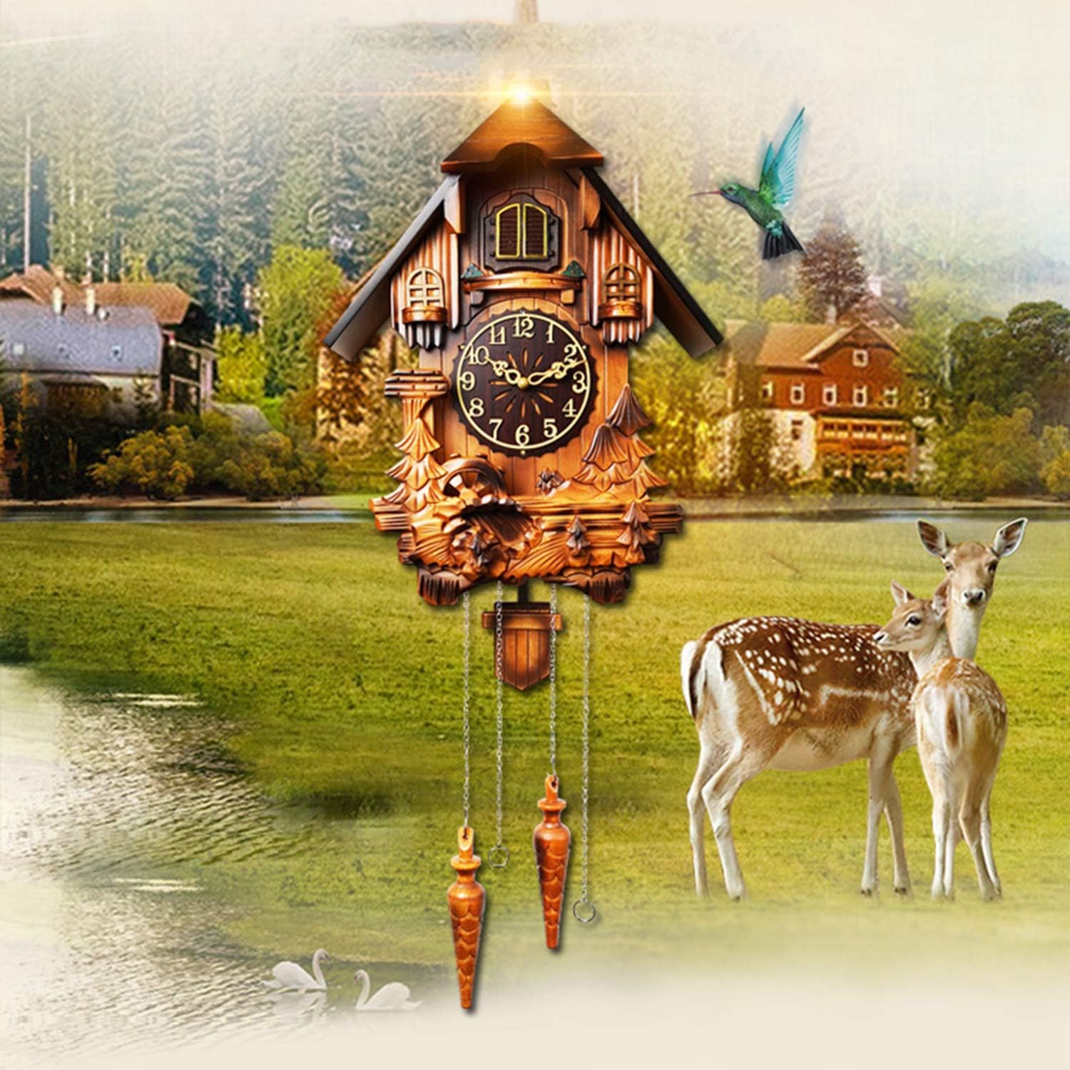 Wall Clock, Cuckoo Clock, Wooden Hand-Carved Wall Clock, Classical Silent Clock with Arabic Numerals