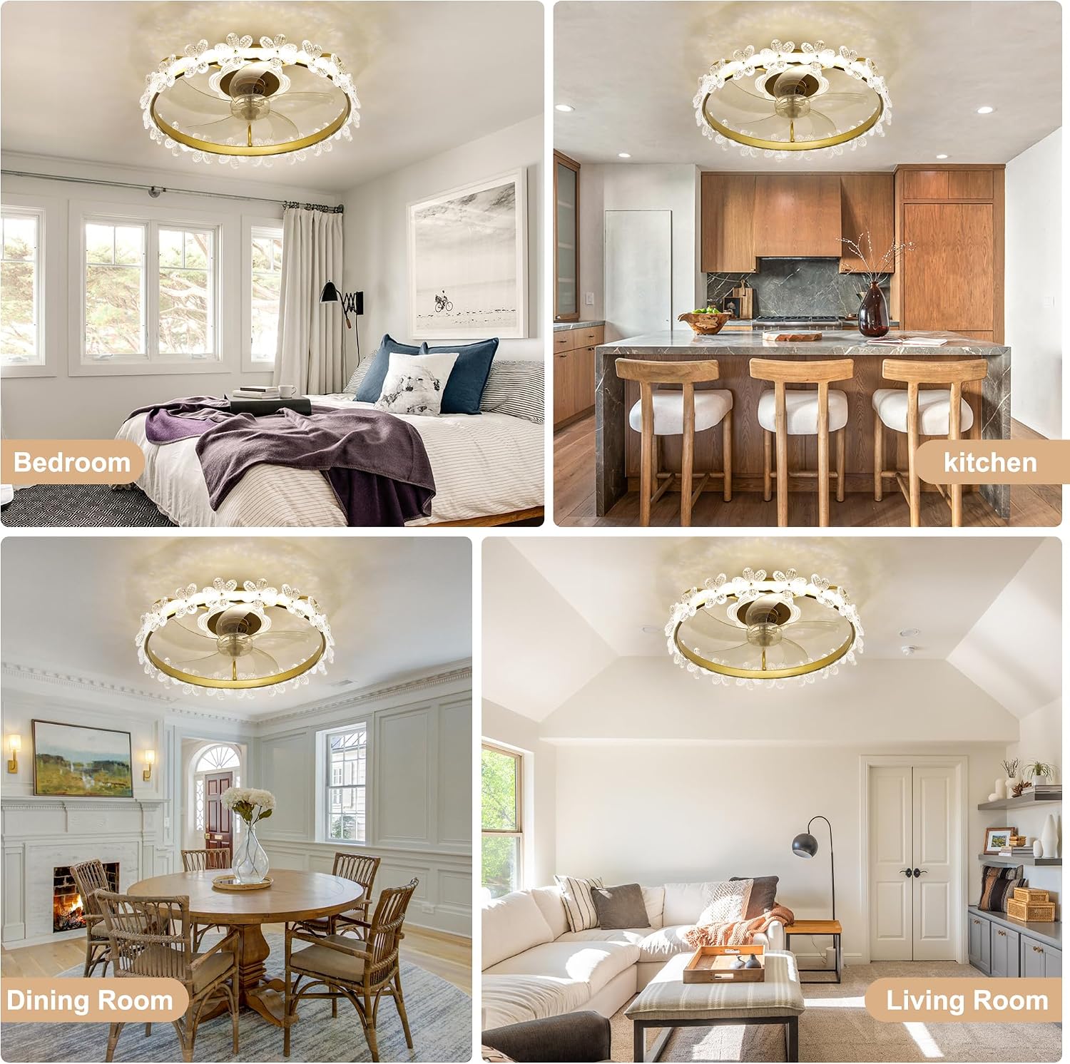22'' Gold Crystal Ceiling Fan with Lights and Remote Control,Dimmable LED and Reversible Motor,Crystal Flower Fandelier Ceiling Fan with Light for Kids Room/Daughter's Room/Girls Bedroom