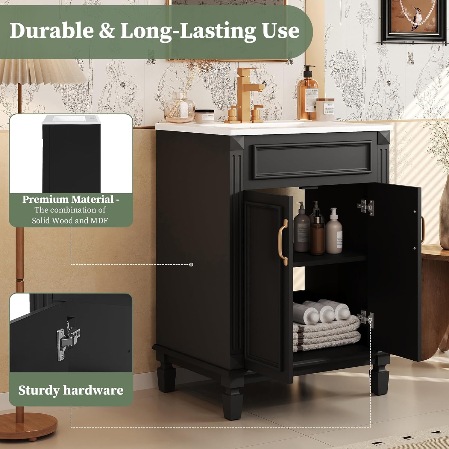 24 Inch Black Bathroom Vanity with Sink,Modern Bathroom Vanity with Intergrated Countertop & 2 Tier Storage Cabinet,Soft-Closing Doors with Gold Handles,Adjustable Shelf,Solid Wood Frame