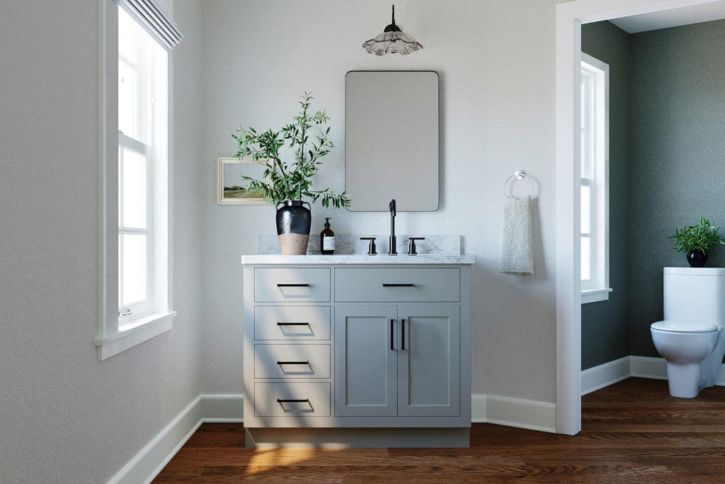 ARIEL 54' Grey Single Bathroom Vanity with Sink, 1.5' Italian Carrara Marble Countertop, Rectangular Undermount Sink, 2 Soft Closing Doors, 9 Dovetail Drawers