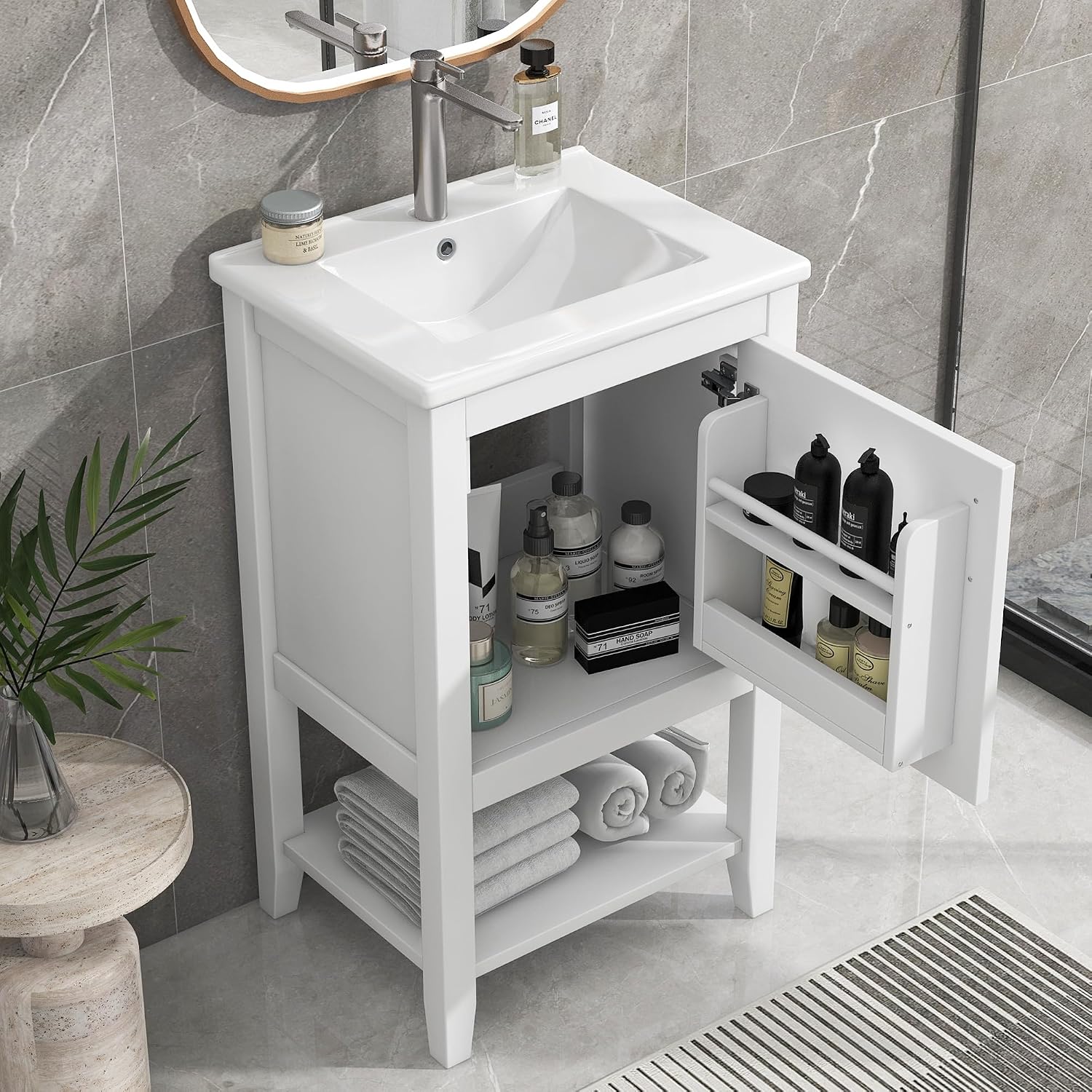 LUMISOL 20' Bathroom Vanity with Sink Top, Modern Bathroom Storage Cabinet with Soft Close Door, Storage Rack & Open Shelf, Free Standing Single Vanity with Ceramic Sink for Small Bathroom, White