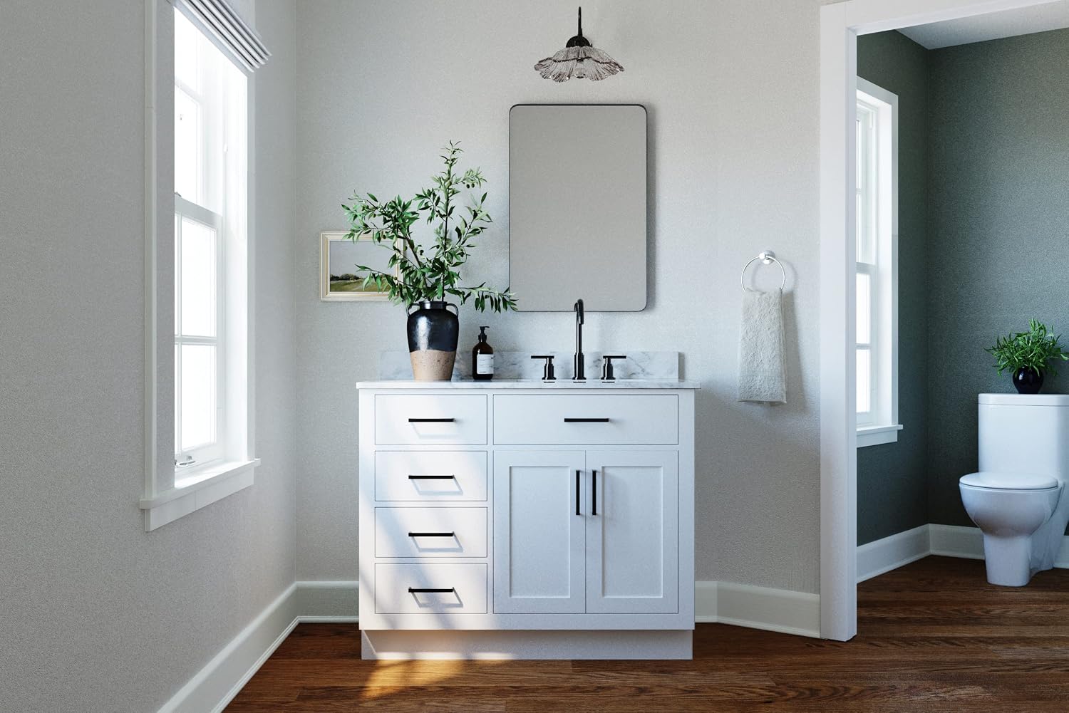ARIEL Hepburn 43' Inch Right Offset Rectangle Sink Vanity with 0.75 Inch Edge Carrara White Countertop in White