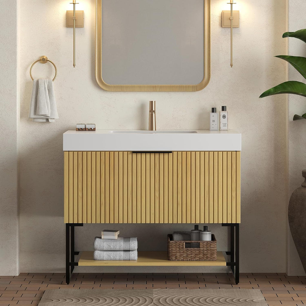 36'' Modern Bathroom Vanity with Sink, Freestanding Oak Plywood Cabinet with Rectangular Acrylic Integrated Basin, Bathroom Vanities Cabinet with Drawer and Open Shelf-Lund, Golden Oak