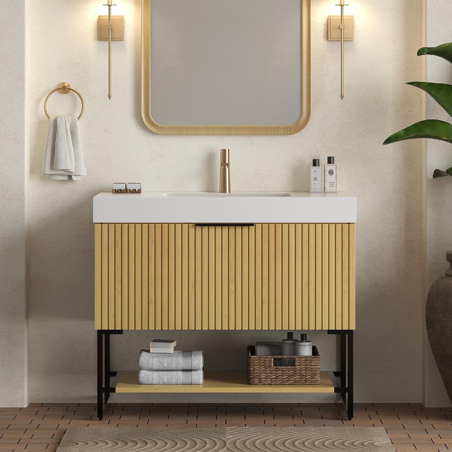 36'' Modern Bathroom Vanity with Sink, Freestanding Oak Plywood Cabinet with Rectangular Acrylic Integrated Basin, Bathroom Vanities Cabinet with Drawer and Open Shelf-Lund, Golden Oak