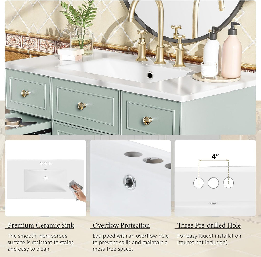 36' Bathroom Vanity with Ceramic Sink Countertop 1 Soft Close Doors 4 Drawers Adjustable Shelves Undermount Vanity with Storage (Green)
