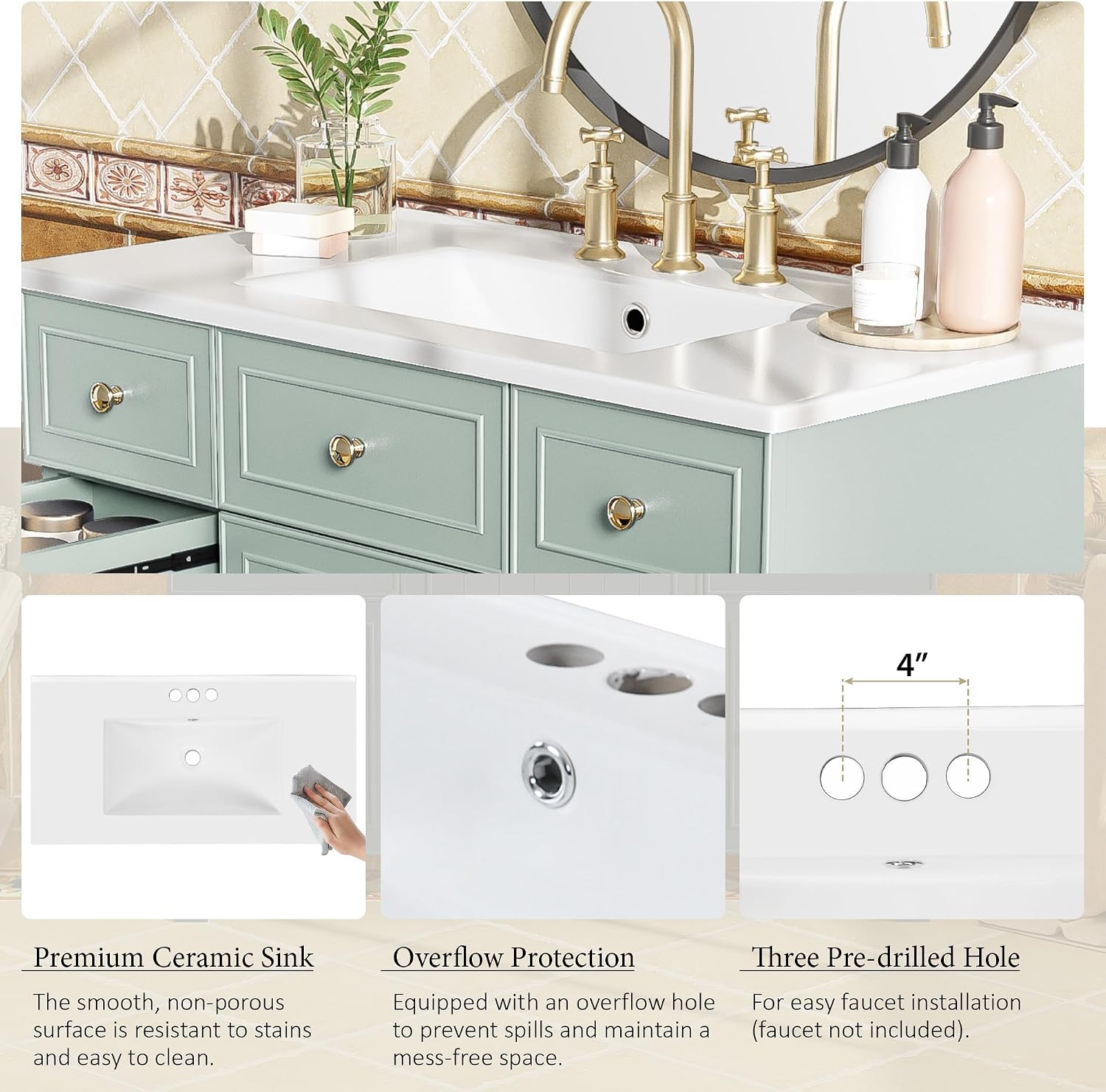36' Bathroom Vanity with Ceramic Sink Countertop 1 Soft Close Doors 4 Drawers Adjustable Shelves Undermount Vanity with Storage (Green)