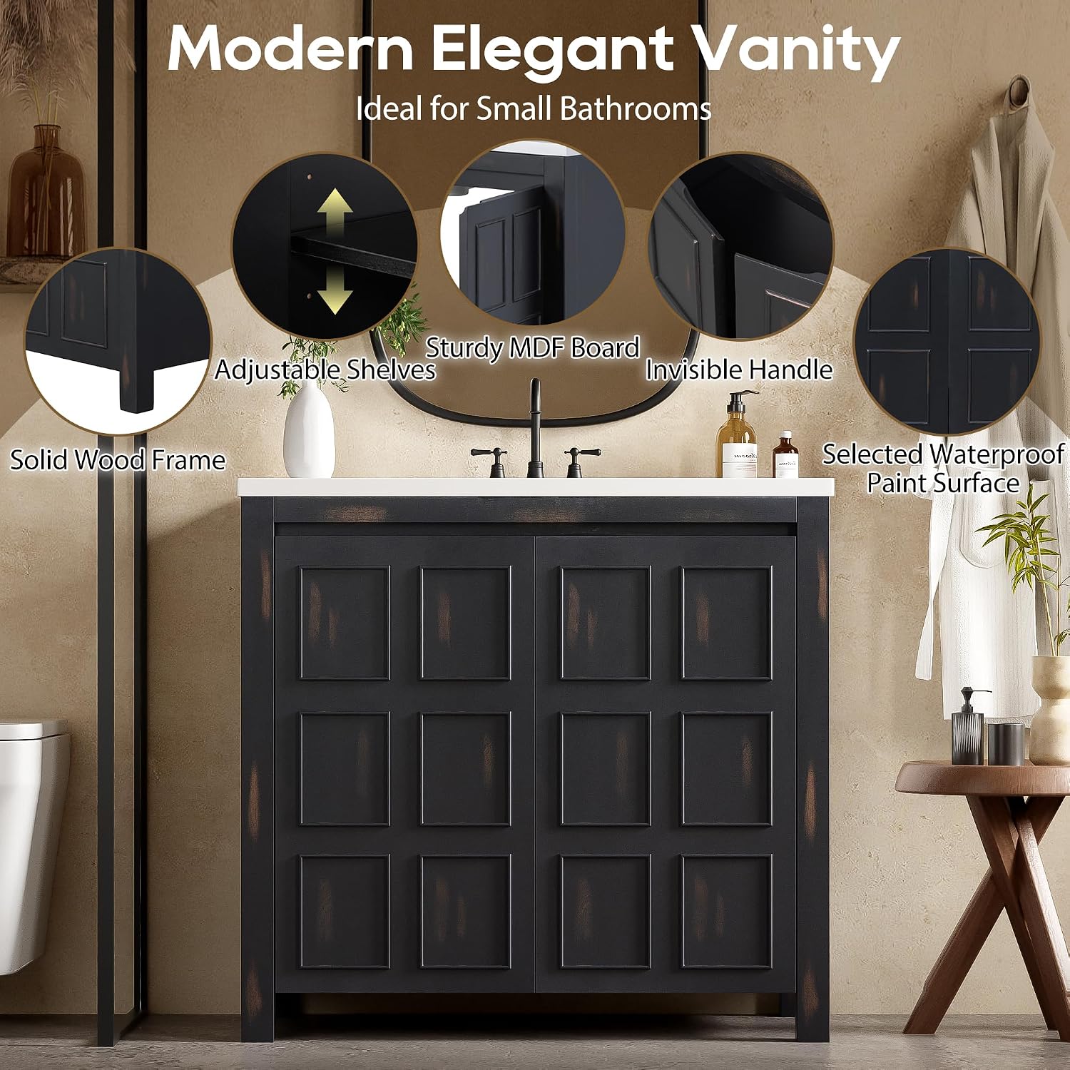SOFTSEA 36' Bathroom Vanity with Sink Combo, Single Sink Bathroom Vanity with Soft-Close Doors, Solid Wood Frame Bathroom Cabinet, Resin Basin, Easy Assembly, Espresso