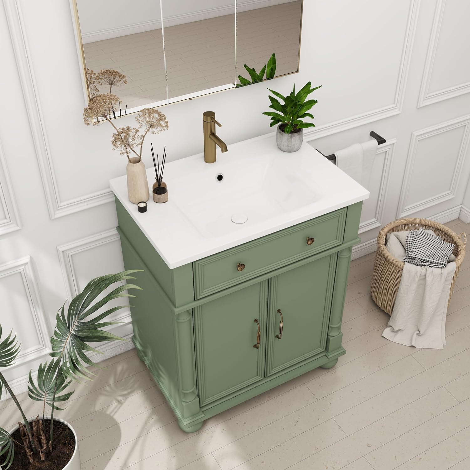 28 Inch Mid-Century Bathroom Vanity with Sink, Green Solid Wood Frame with Roman Column Base, Freestanding Cabinet with Metal Handles and Storage (Green)
