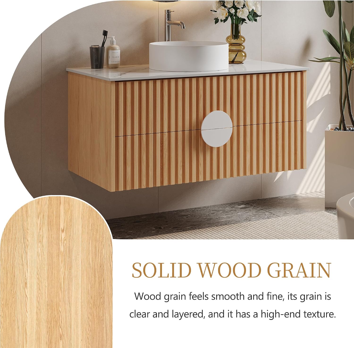 36' Floating Bathroom Vanity with Sink, Modern Wall Mounted Vanity Bathroom Storage Cabinet with Fluted Drawers, White Sintered Stone Top Ceramic Basin, Light Wood