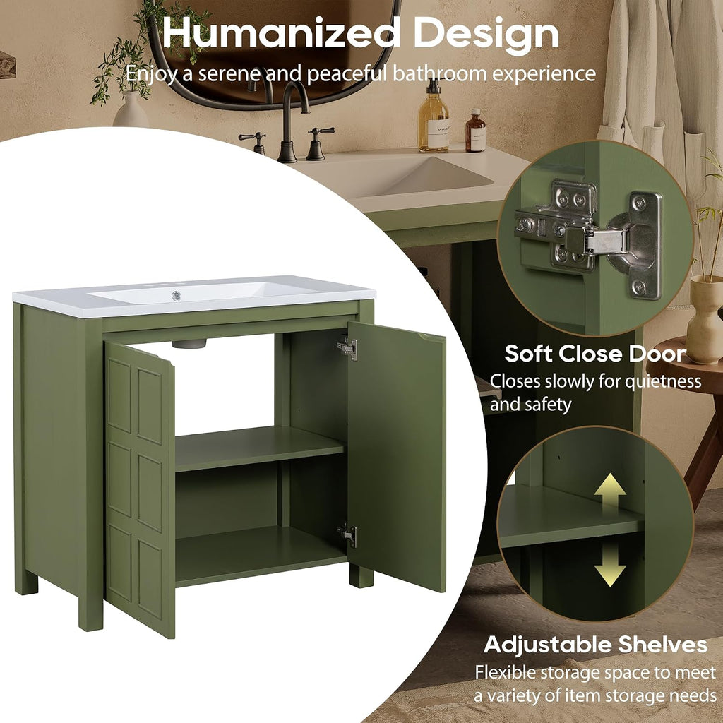 Harper & Bright Designs 36' Bathroom Vanity with Sink, Free Standing Single Vanity Set with Larger Cabinet & Adjustable Shelf, Wooden Bathroom Cabinet with Ceramic Basin for Bathroom, Olive Green