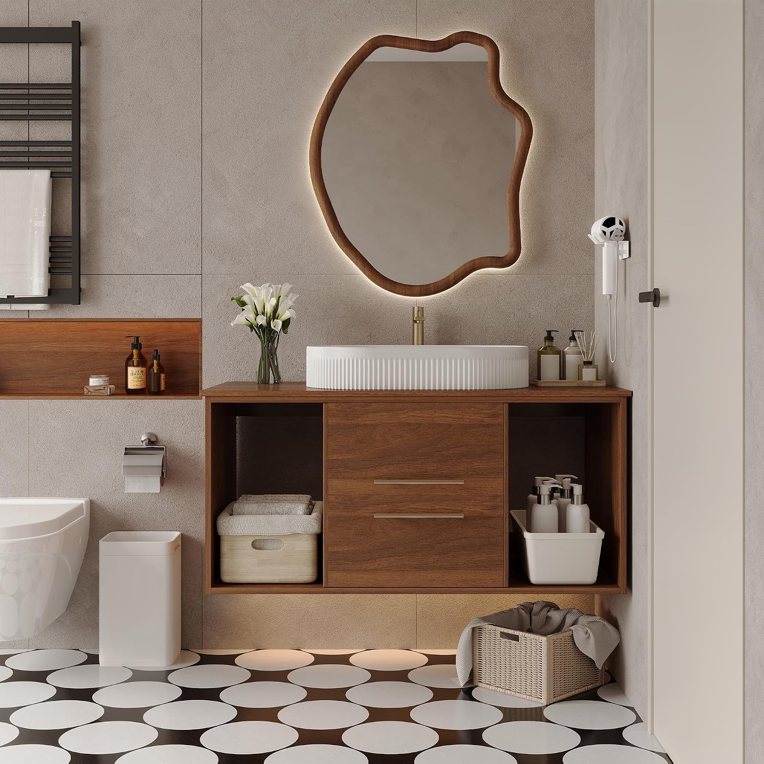 40' Bathroom Vanity with Sink Set, Modern Wall Mounted Bathroom Vanity Cabinet with Above Oval Ceramic Sink,Gold Handle 2 Drawers&2 Open Storage, Single Sink Floating Bathroom Vanity, Walnut