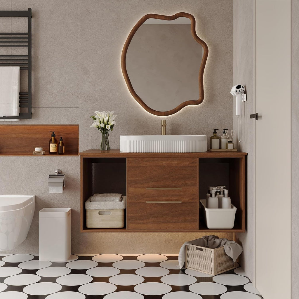 40 Inch Modern Bathroom Vanity Floating Bathroom Vanities with Above Oval Sink 40' Wall Mounted Bathroom Sink Cabinet with 2 Drawers & 2 Open Shelves & Gold Metal Handle, Walnut