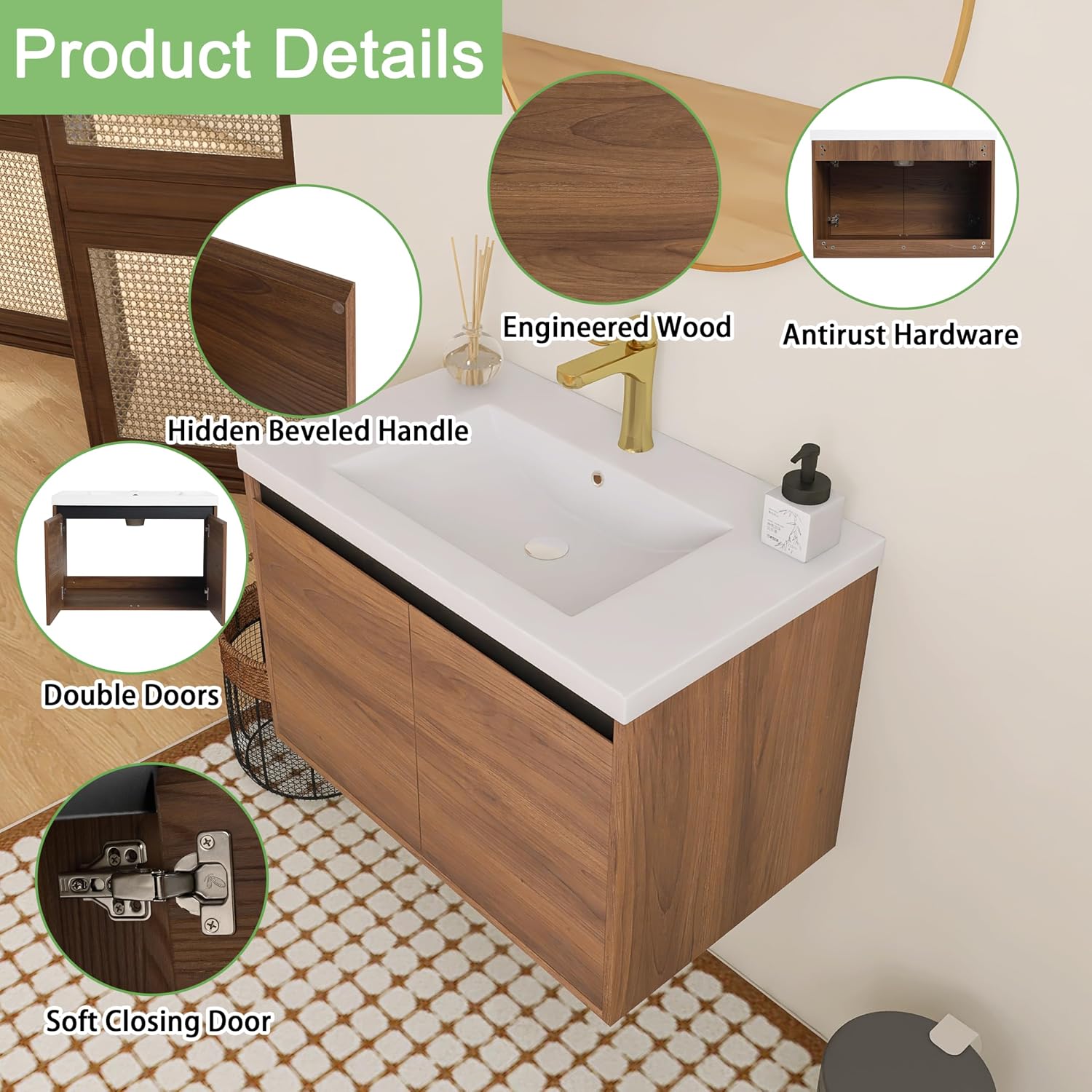 30 inch Bathroom Vanity with Sink, Wall-Mounted Floating Vanity with 2 Soft-Close Doors, Easy Assembly, Engineered Wood in Elegant Brown, Modern Style for Bathroom