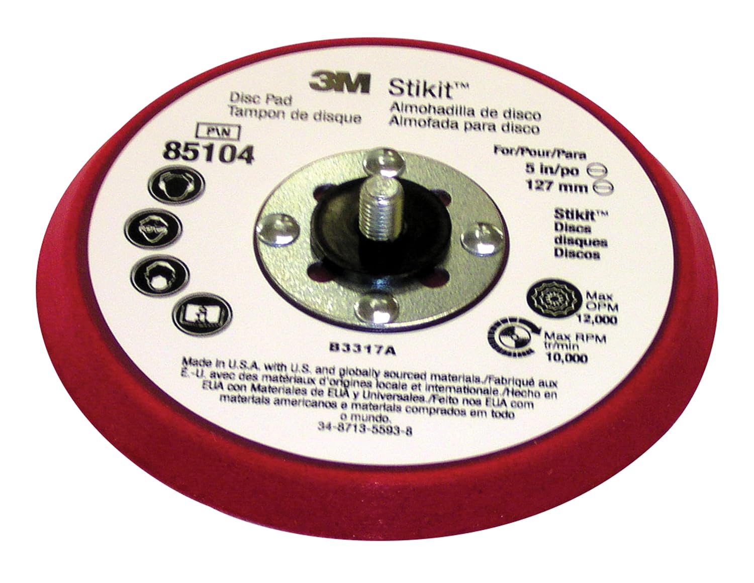 3M Stikit Low Profile Disc Pad 85104, Silver Face, Red Foam, 5' x 3/8 in 5/16-24 External, 10 per case
