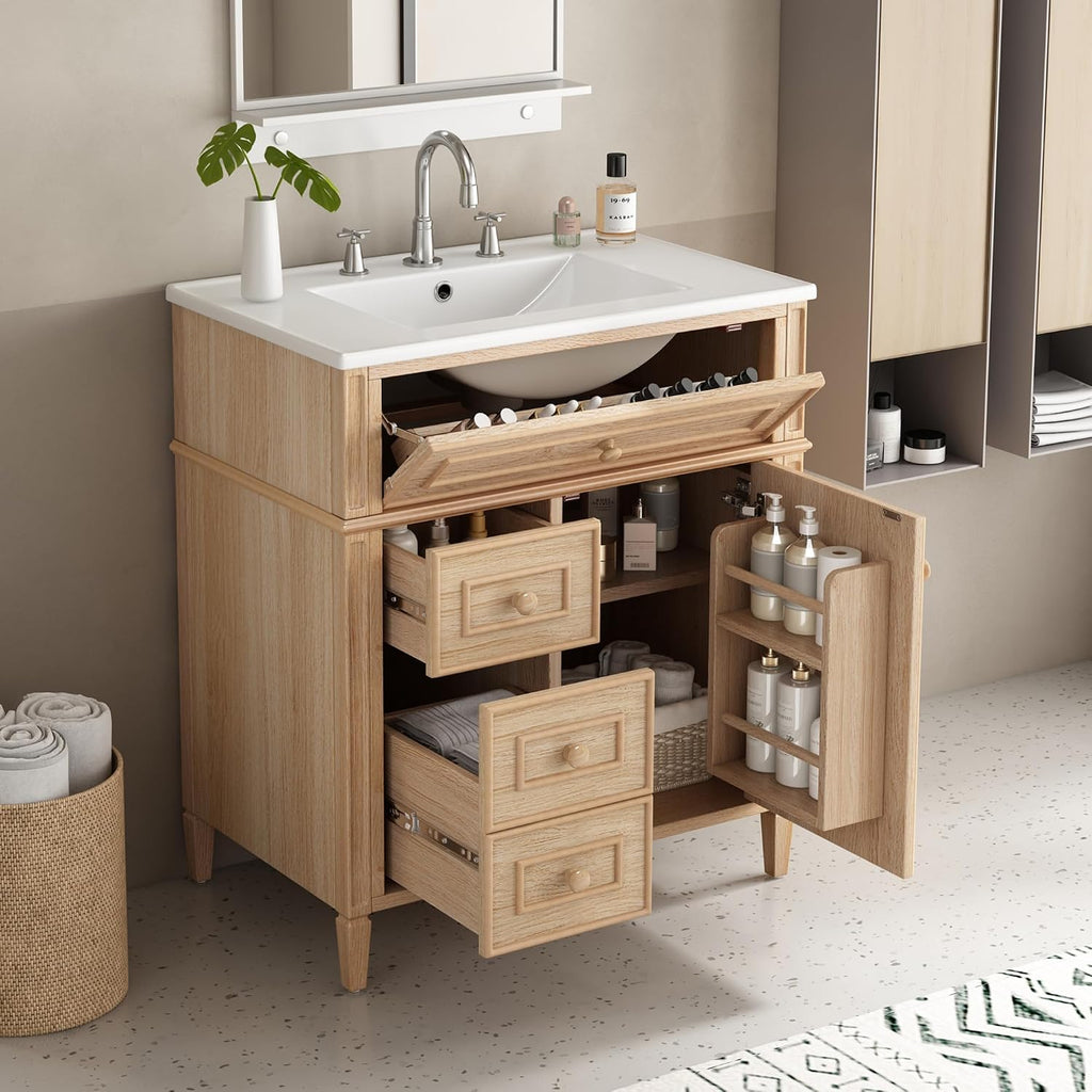 Bathroom Vanity with Sink 30 Inch, Tip-Out Drawer and Door Rack, Adjustable Shelf, Soft-Closing System, Solid Wood Legs, Light Wood