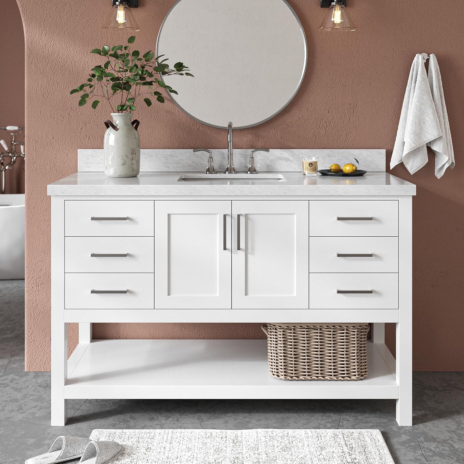 ARIEL Magnolia 54-inch Bathroom Vanity with Sink,Solid Wood, 1.5-inch Italian Carrara Marble Countertop, Single Rectangular Porcelain Sink, Soft Closing Doors, Dovetail Drawers, White