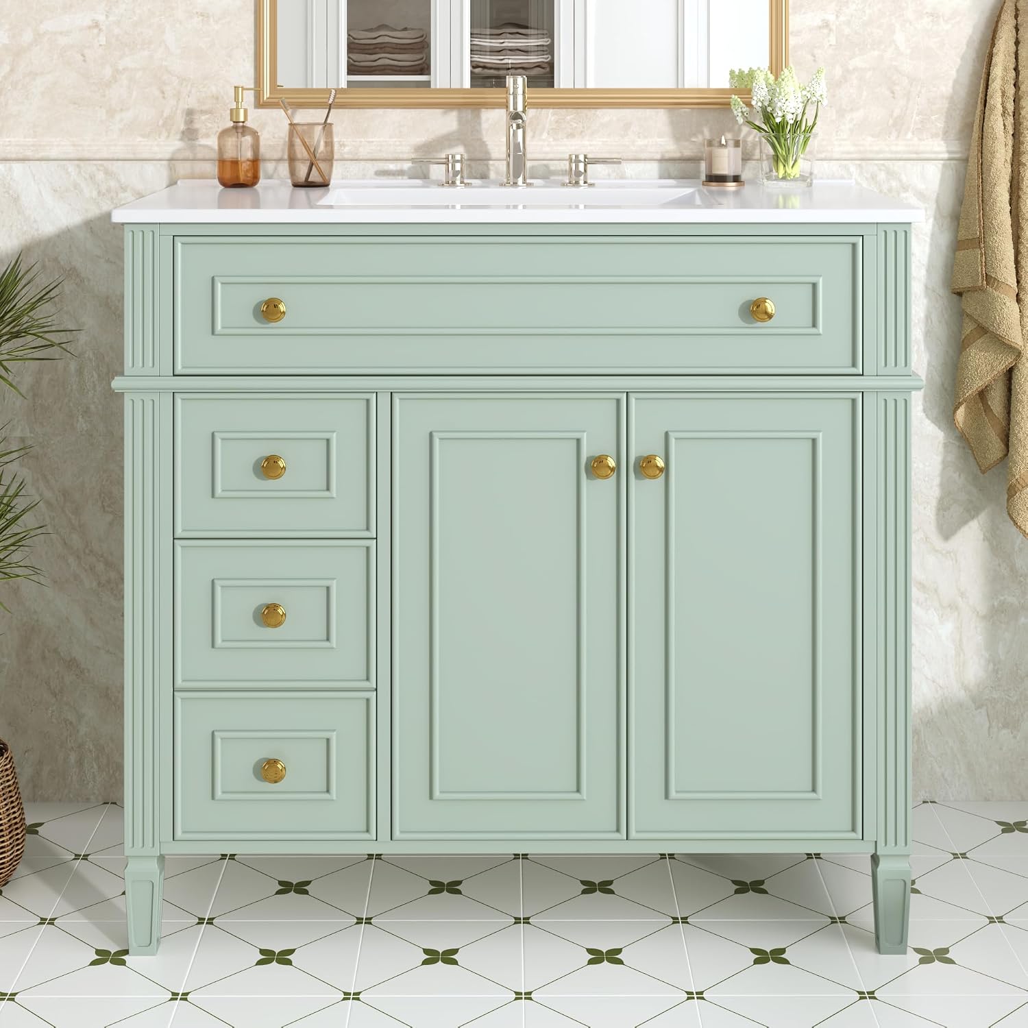 36' Bathroom Vanity Cabinet with Ceramic Countertop Sink Combo Set, Solid Wood Frame, Tilt-Out Drawers and Left Side Drawers, Soft Closing Door Hinges, Green