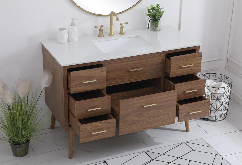 48' Pre-Assembled Bathroom Vanity with Sink, Engineered Wood, Ivory White Engineered Marble Countertop Attached, Single Rectangle Porcelain Sink, 7 Soft-Close Drawers, Walnut Brown