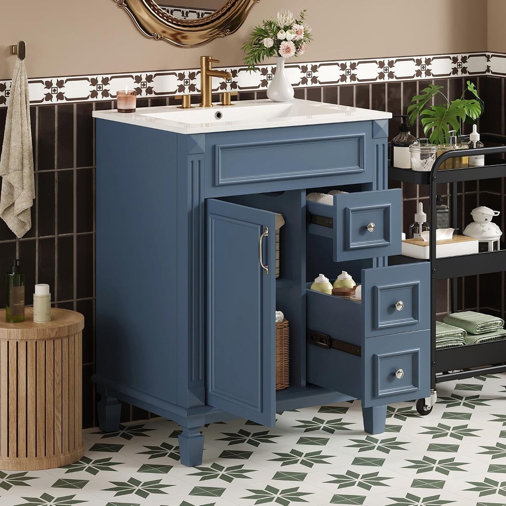24 Inch Blue-Grey Bathroom Vanity with Sink,Modern Bathroom Vanity with 2 Drawers & Adjustable Shelf,Soft Closing Doors & Black Handles,Solid Wood Frame,French Embossed Front