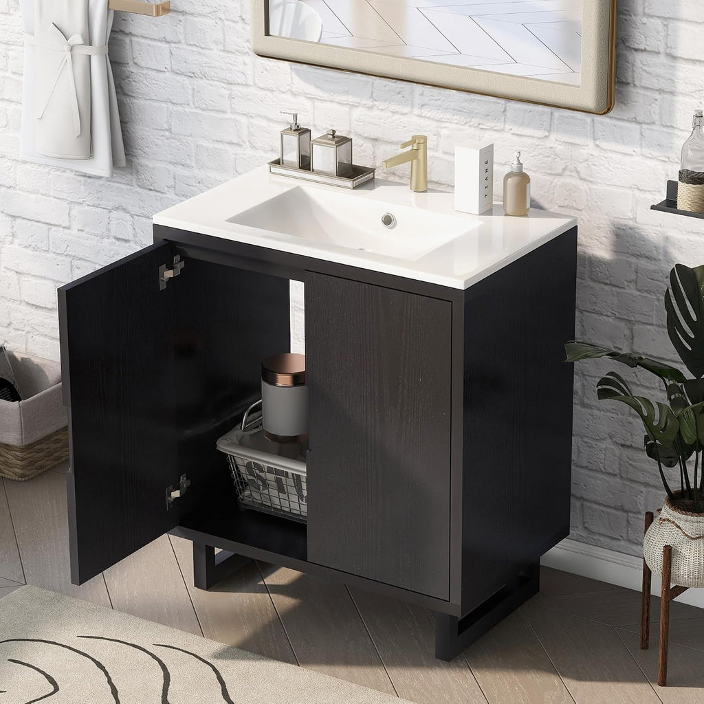 Harper & Bright Designs 30' Bathroom Vanity with Sink, Free Standing Single Basin Vanity Set with 2 Doors Lager Cabinet, Modern Wooden Bathroom Cabinet with Resin Basin for Bathroom, Black