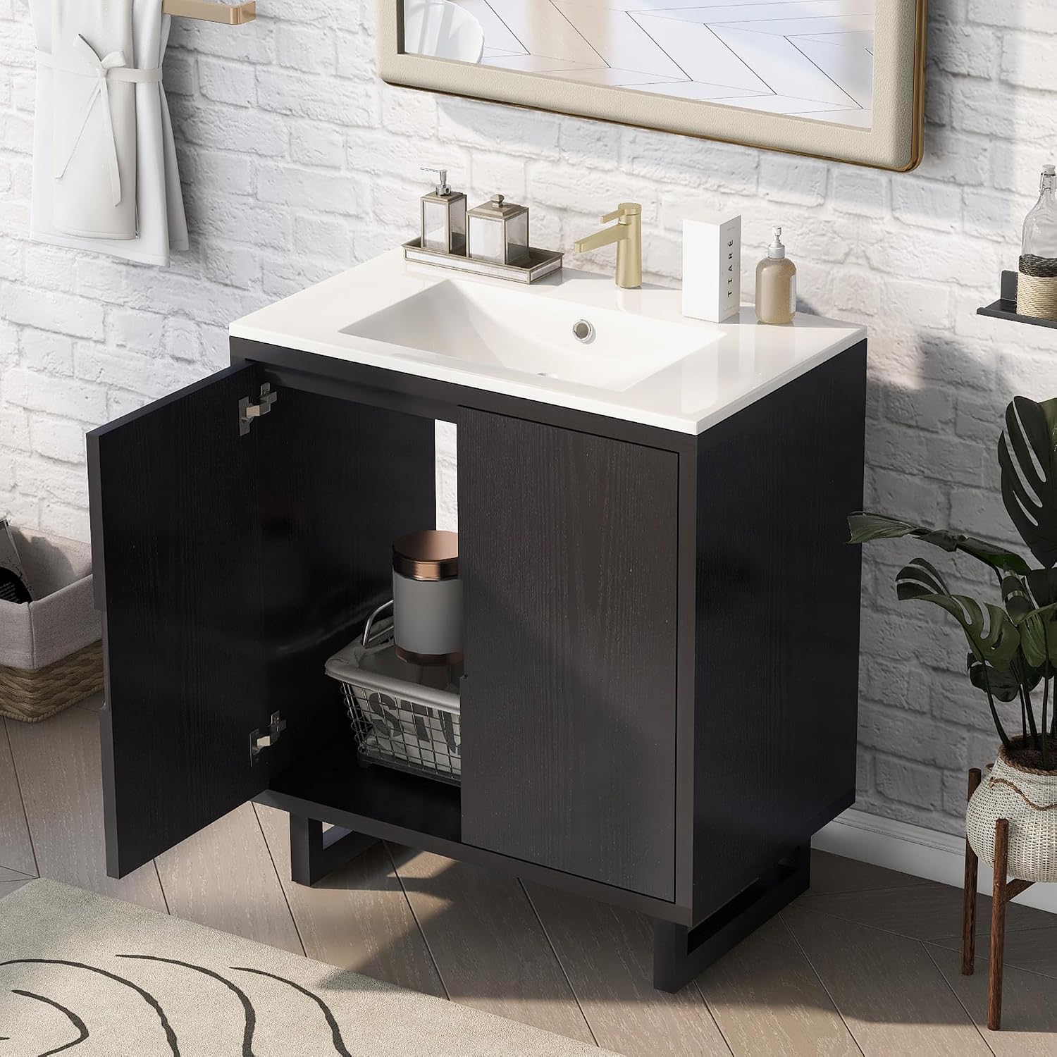 Harper & Bright Designs 30' Bathroom Vanity with Sink, Free Standing Single Basin Vanity Set with 2 Doors Lager Cabinet, Modern Wooden Bathroom Cabinet with Resin Basin for Bathroom, Black