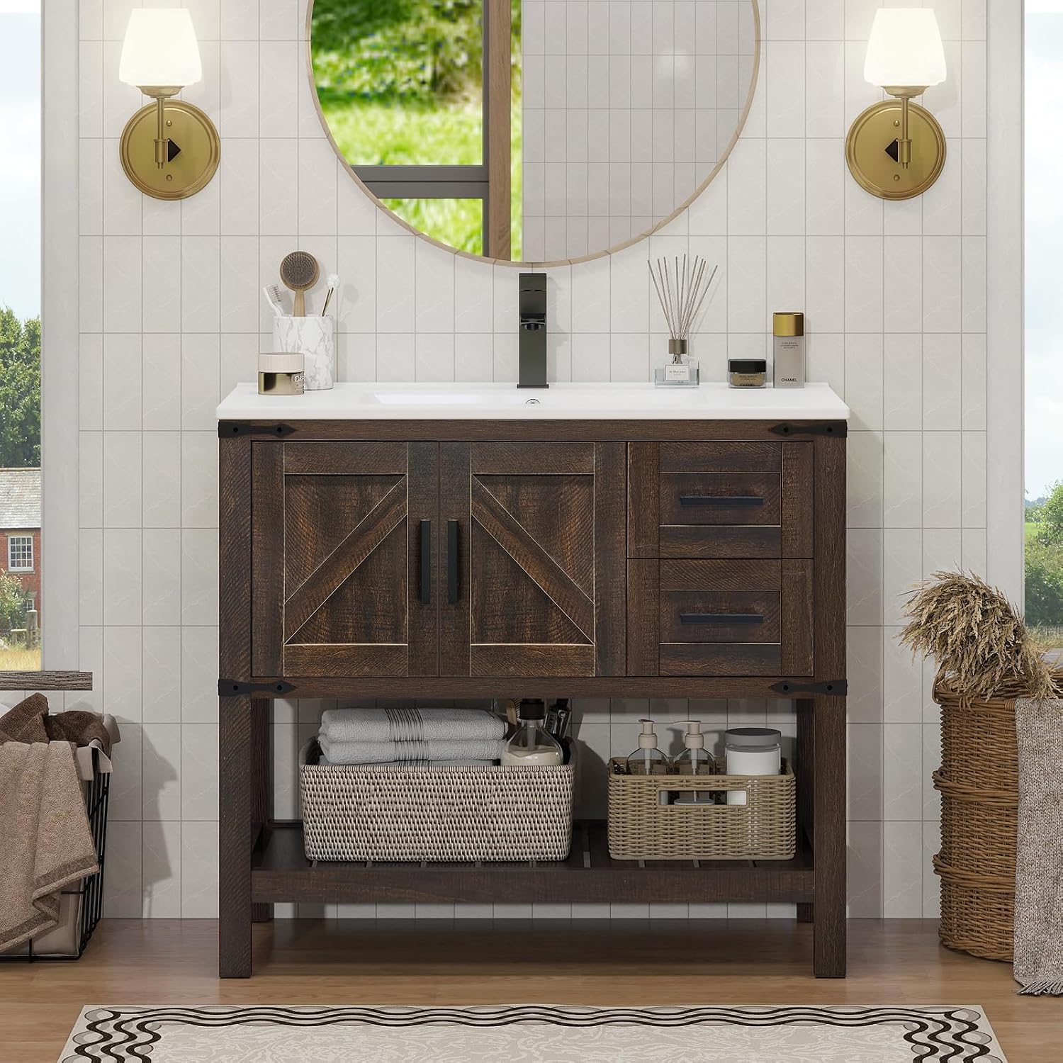 YOURLITE 36' Bathroom Vanity with Sink Combo, Rustic Farmhouse Vanity Cabinet with Under Mount Sink and Faucet, Two Sliding Drawers and Open Shelf, Rustic Brown