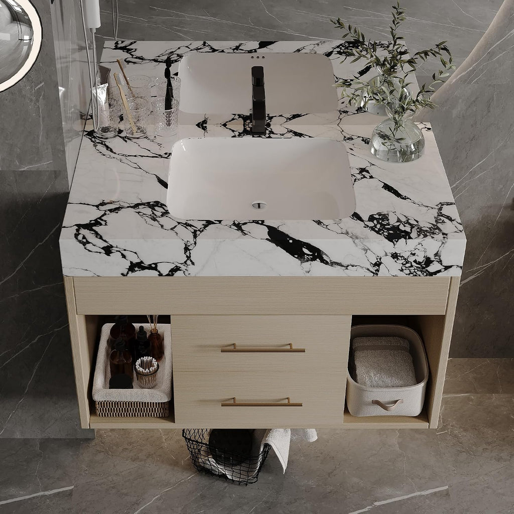 30' Bathroom Vanity with Sink Set, Modern Oak Wall Mounted Bathroom Vanity Cabinet with Sintered Stone Top&Gold Handle 2 Drawers&2 Open Storage, Single Sink Floating Bathroom Vanity