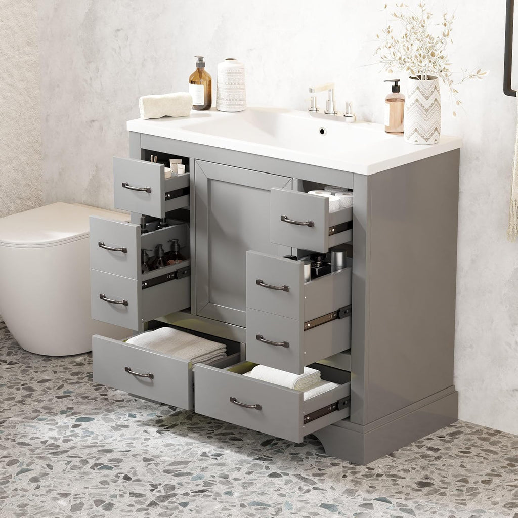 36' Vanity Bathroom Cabinet with Sink Top, Six Multi-Functional Drawers, Adjustable Shelf, Soft-Closing Door, Grey