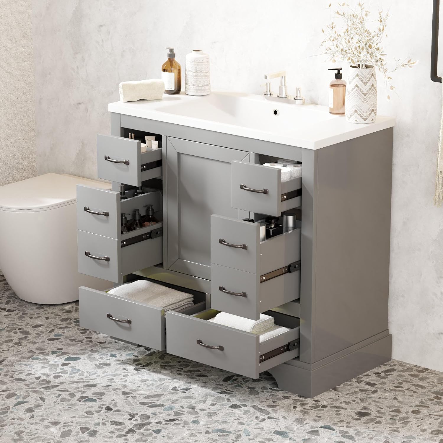 36' Vanity Bathroom Cabinet with Sink Top, Six Multi-Functional Drawers, Adjustable Shelf, Soft-Closing Door, Grey