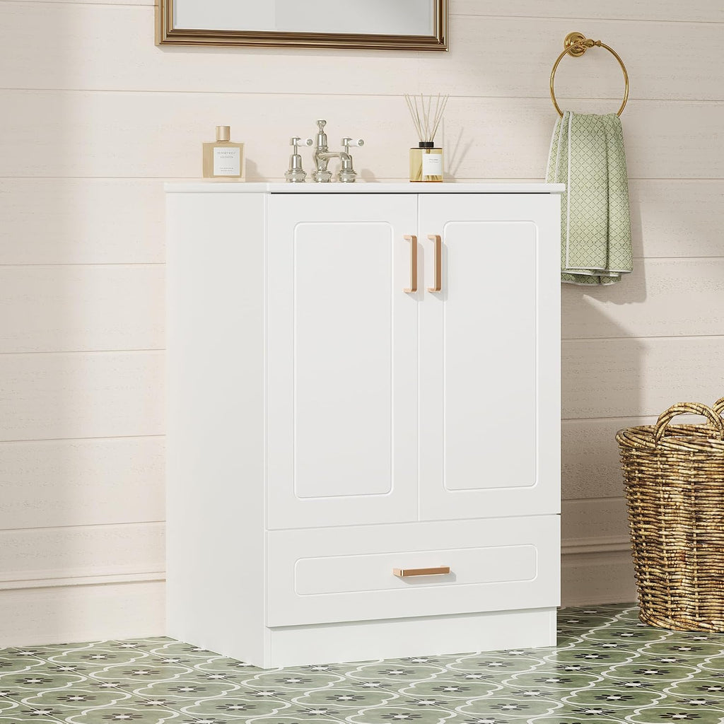 Sweetcrispy 24' Modern Bathroom Vanity with Ceramic Basin, Undermount Vanity Sink Cabinet with 2 Doors and 1 Drawer, Free Standing Bathroom Storage Cabinet with Sink Combo Set, Ivory